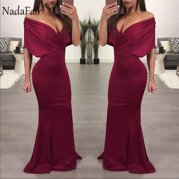Women’s sexy v neck off the shoulder evening gown - Picture 5 of 6